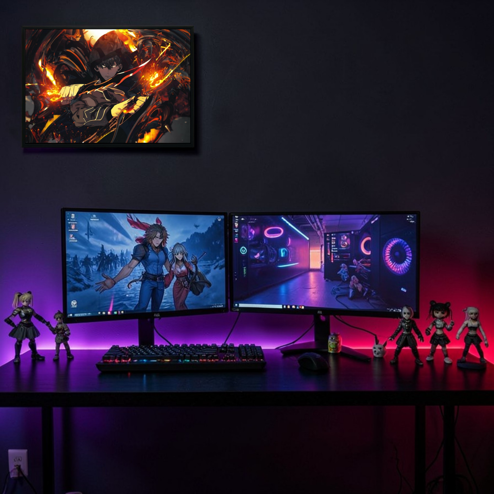 Gaming setup with dual monitors, keyboard, and figurines on a dark background