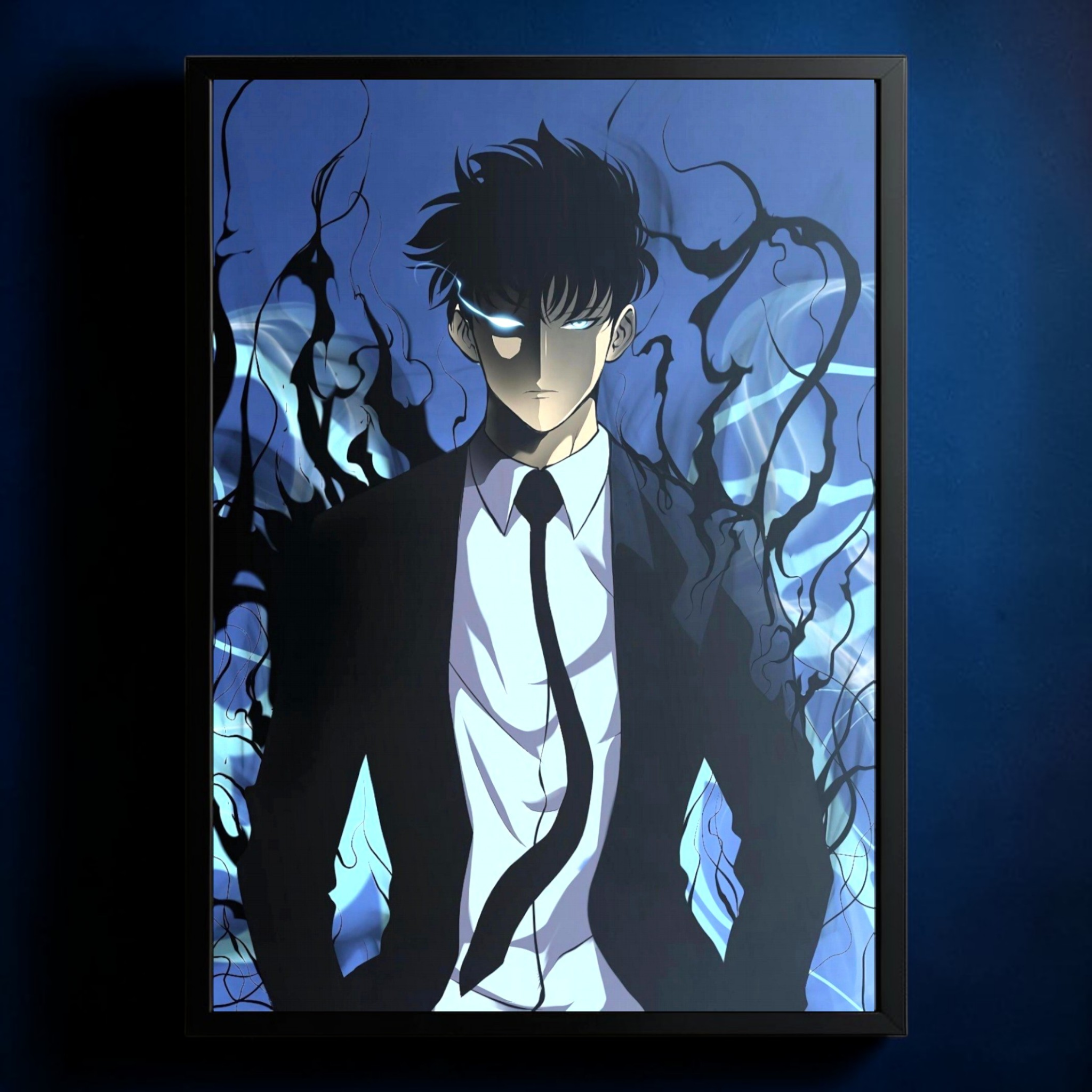 Framed artwork of an anime character with a dark background