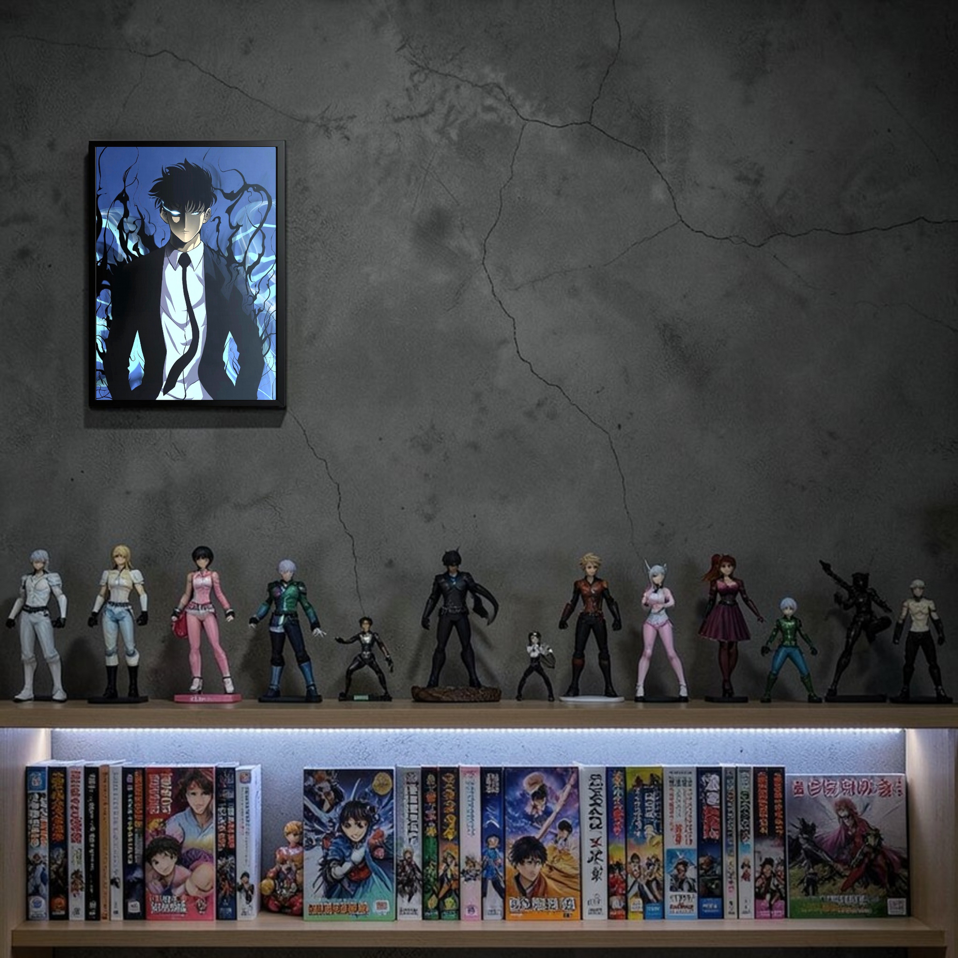 Collection of anime figurines and posters on a shelf against a textured wall.