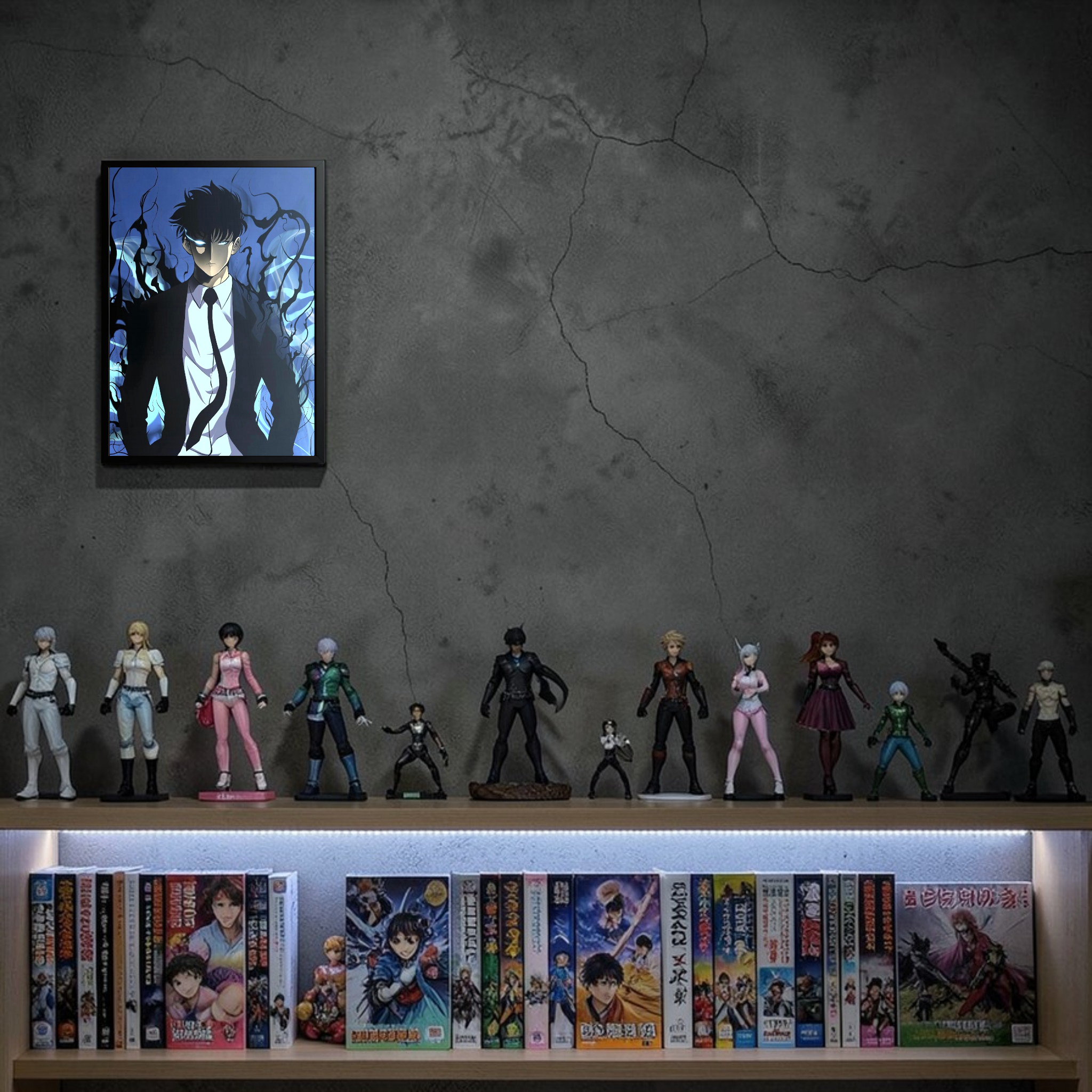Collection of anime figurines and posters on a shelf against a textured wall.