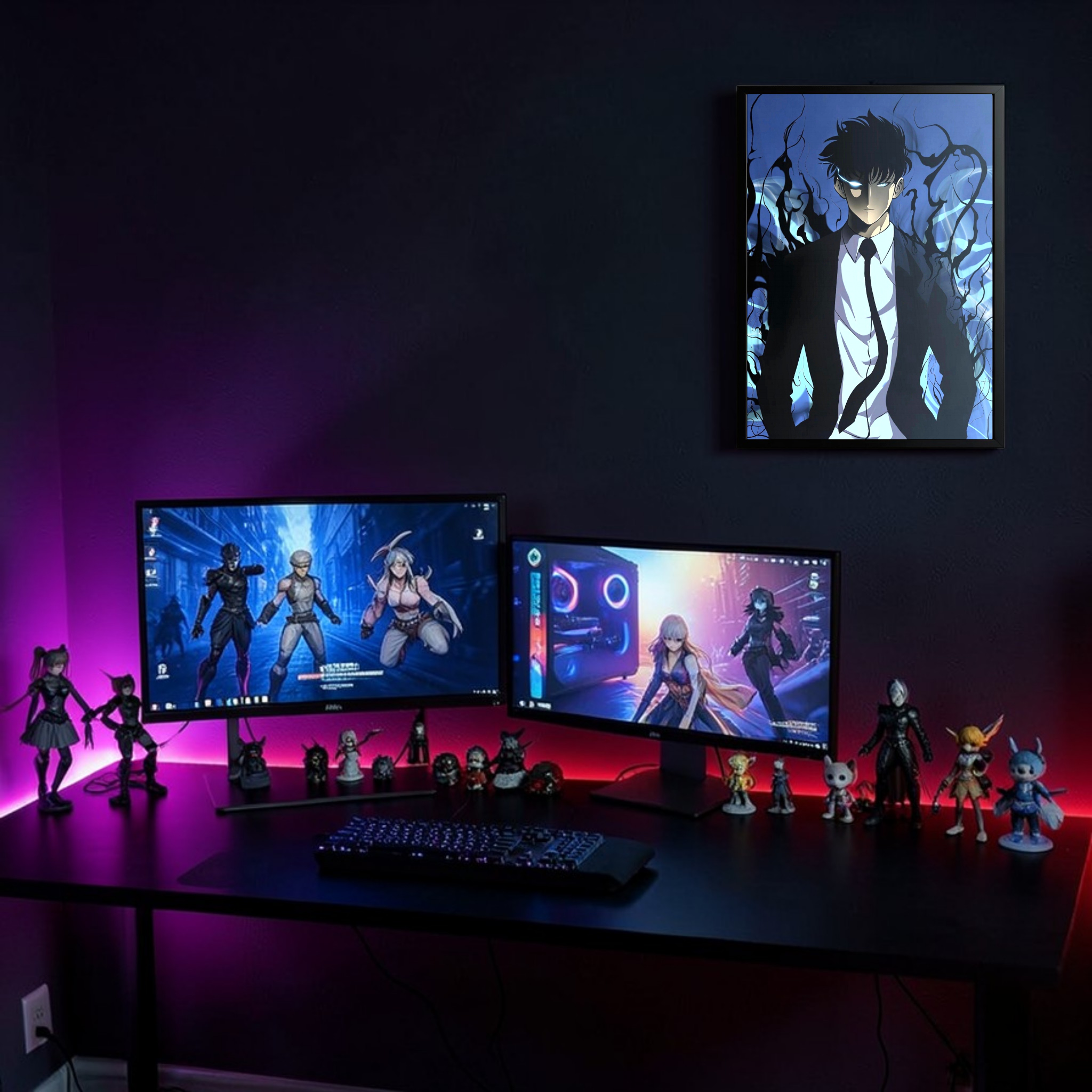 Gaming setup with two monitors, keyboard, and figurines on a dark desk.
