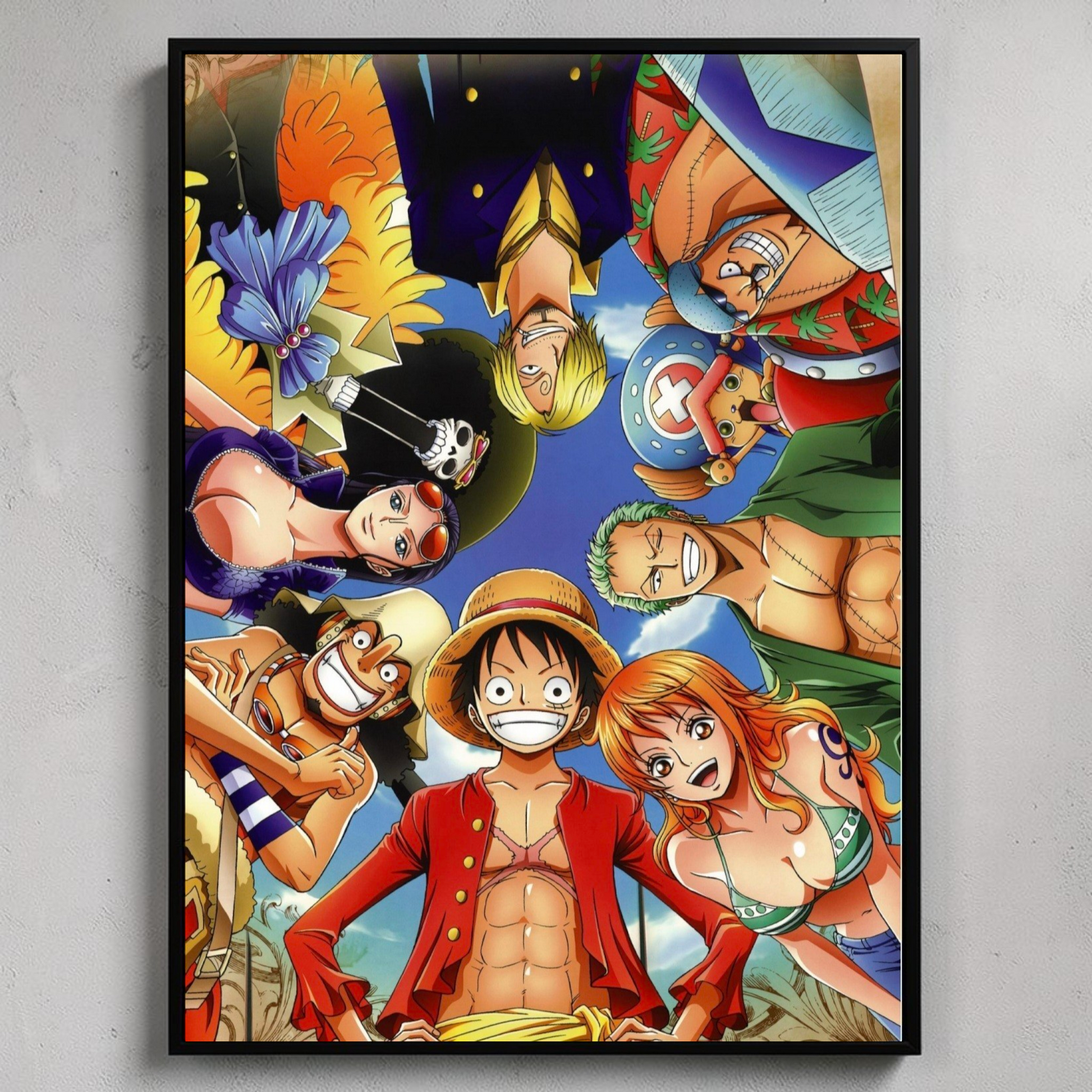 Framed poster of animated characters in a circle with a colorful background.