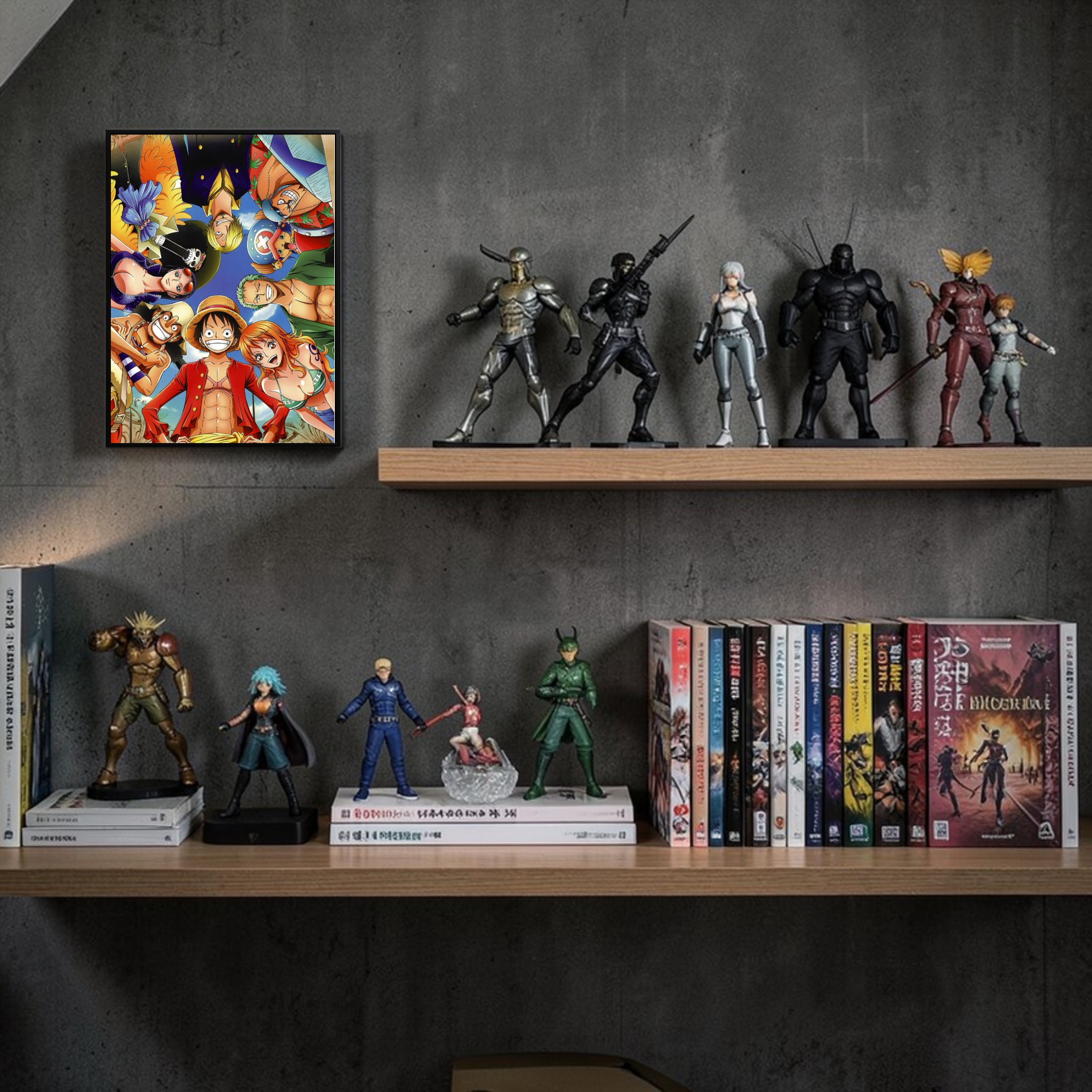 Shelf with action figures and comic books against a dark wall