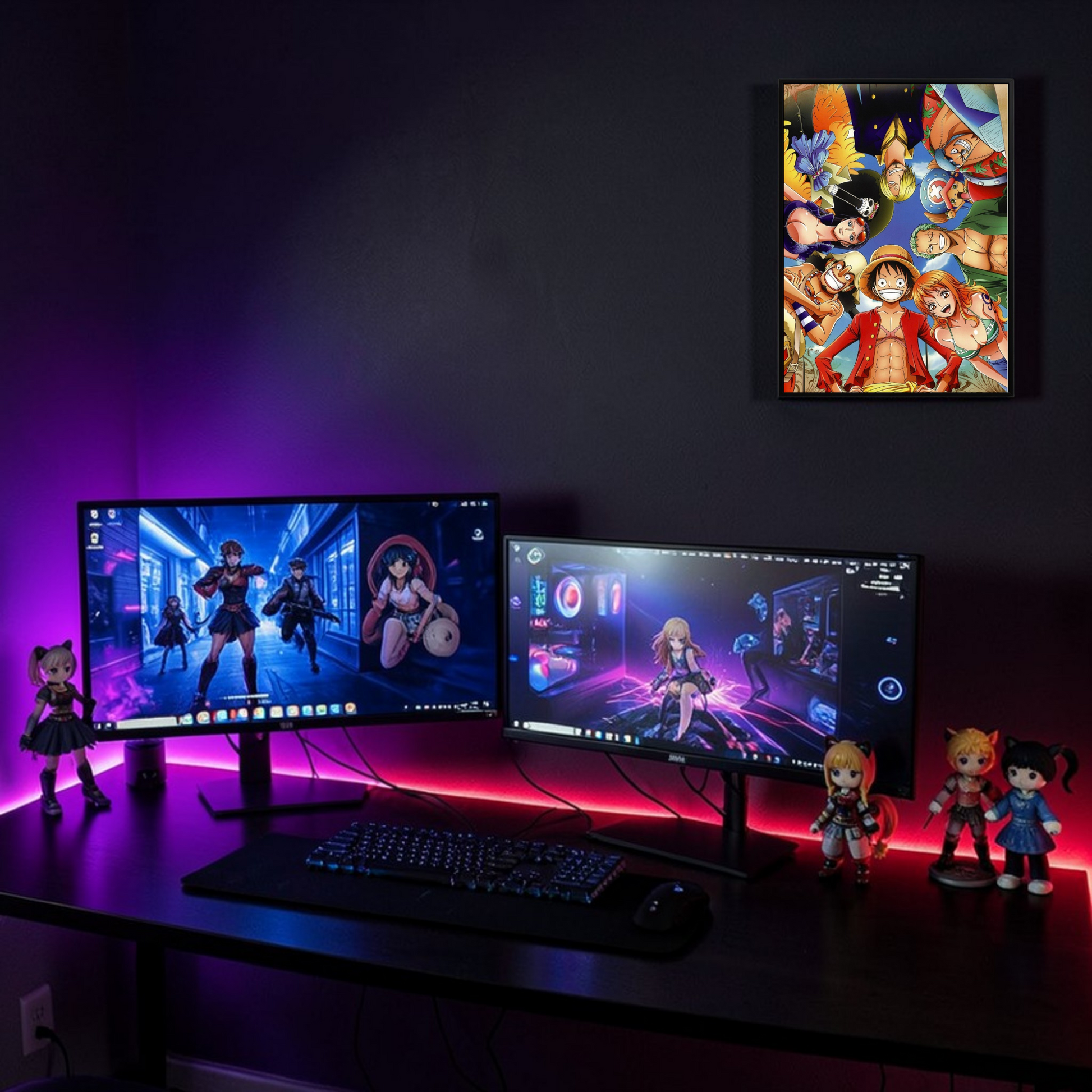 Gaming setup with two monitors, keyboard, and figurines on a dark desk.