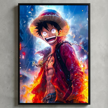 Framed artwork of an animated character with a fiery background on a concrete wall.