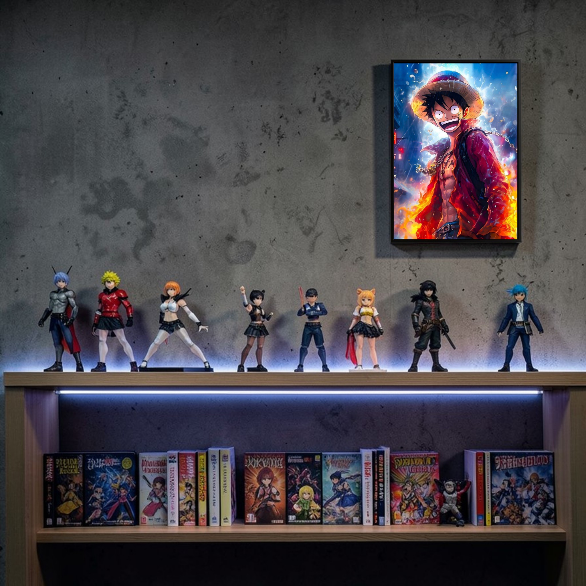 Collection of anime figurines and posters on a shelf against a concrete wall.