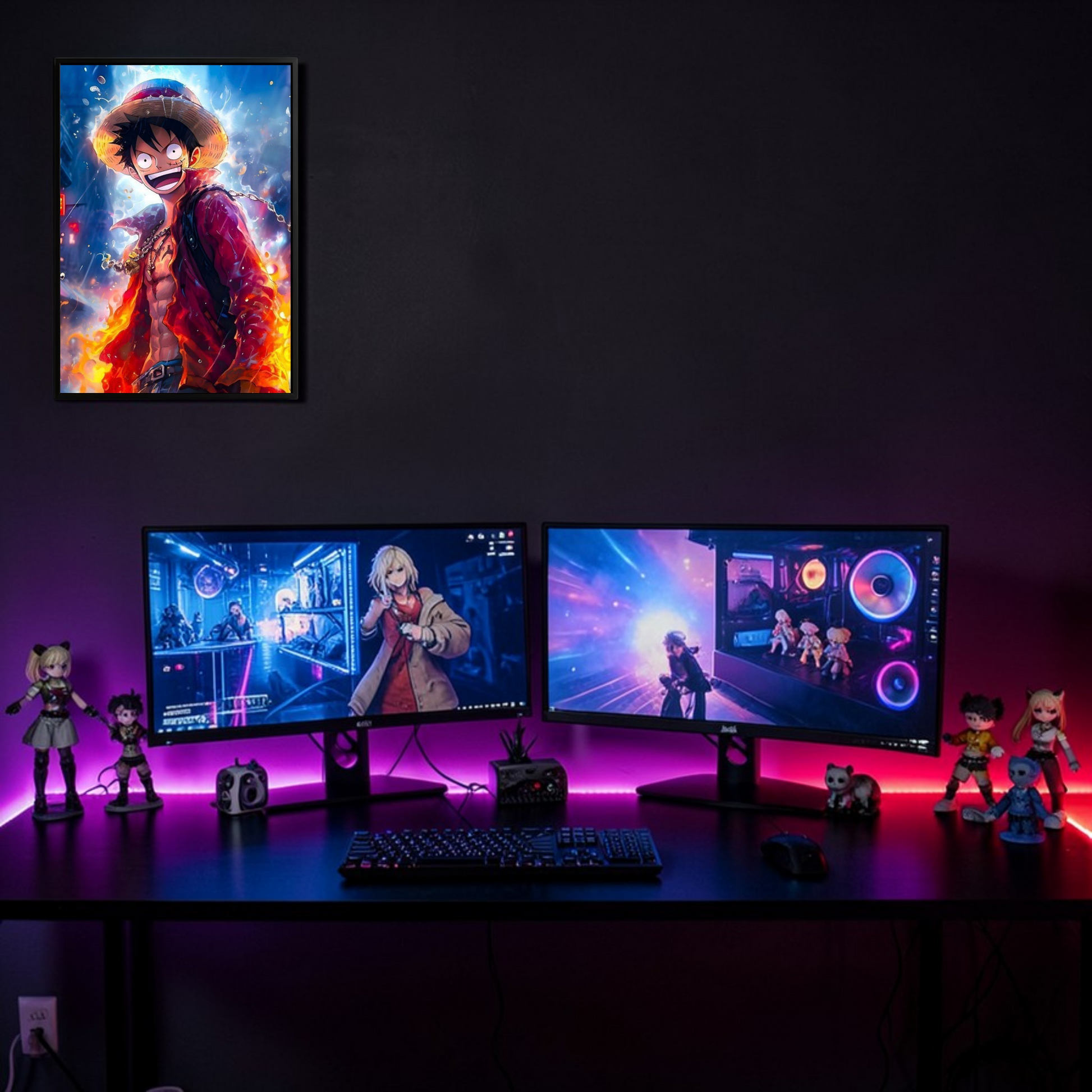 Gaming setup with two monitors, keyboard, and figurines on a dark desk.