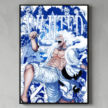 Framed poster of an animated character with 'WANTED' poster design on a gray wall.