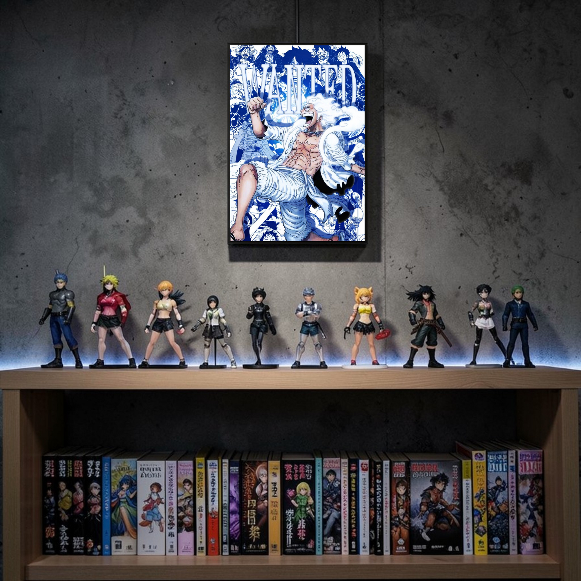 Collection of anime figurines and volumes on a shelf with a framed artwork above.