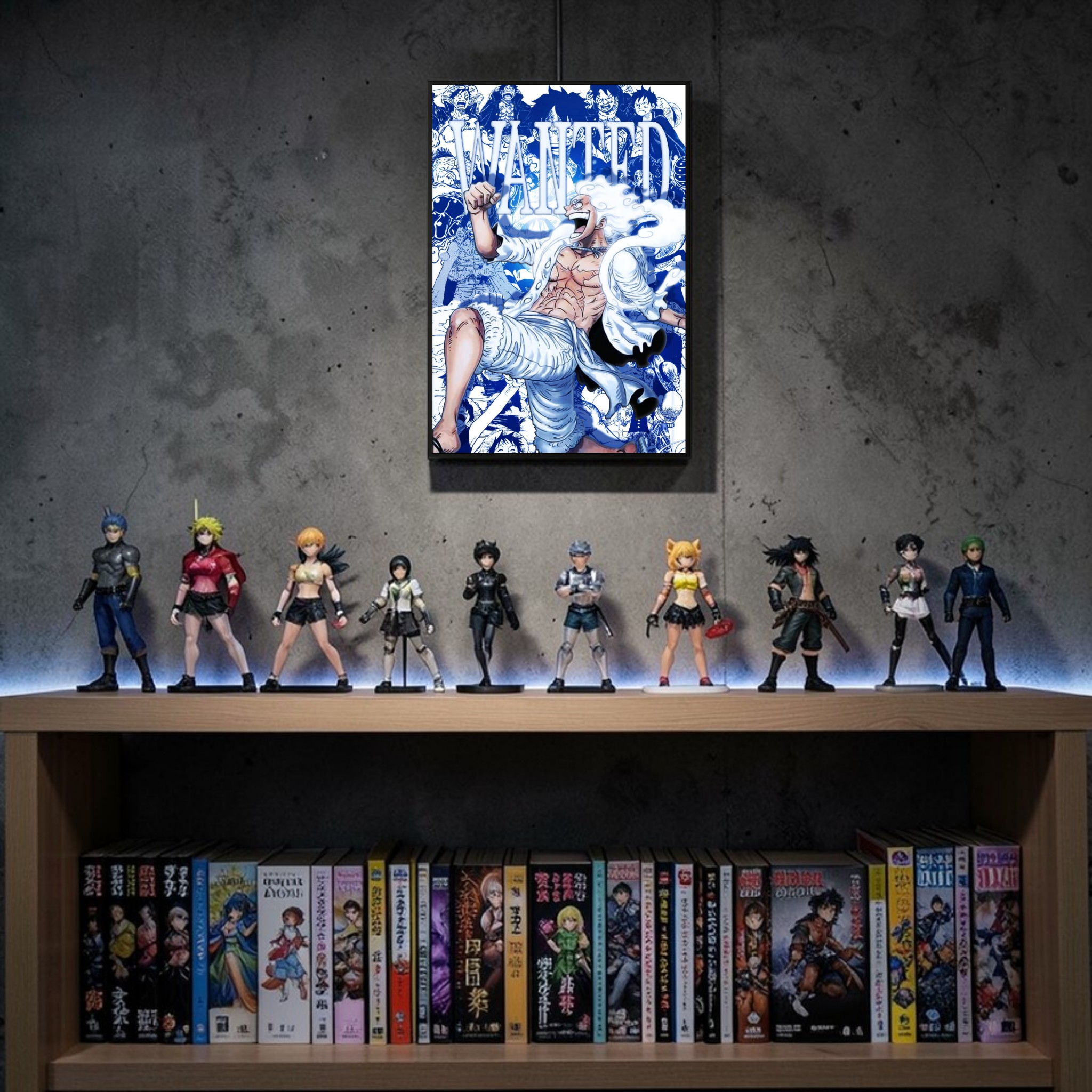 Collection of anime figurines and volumes on a shelf with a framed artwork above.