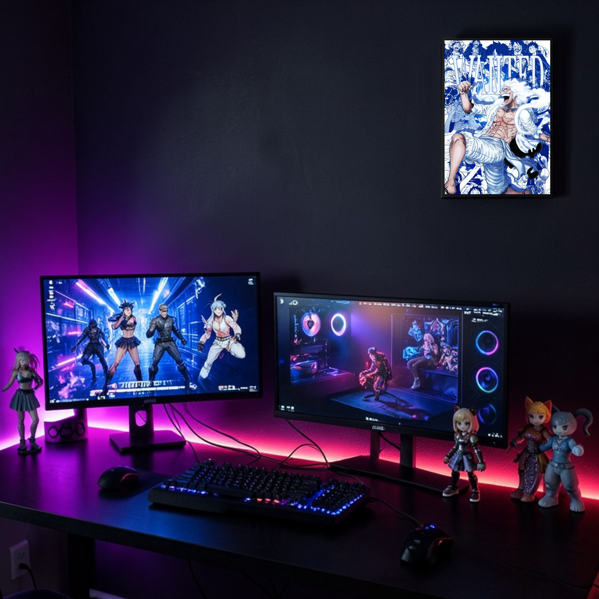 Gaming setup with two monitors, keyboard, and mouse on a desk with colorful lighting.