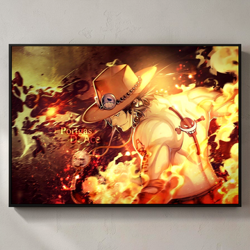 Framed artwork of an animated character with a hat and sword, set against a fiery background.