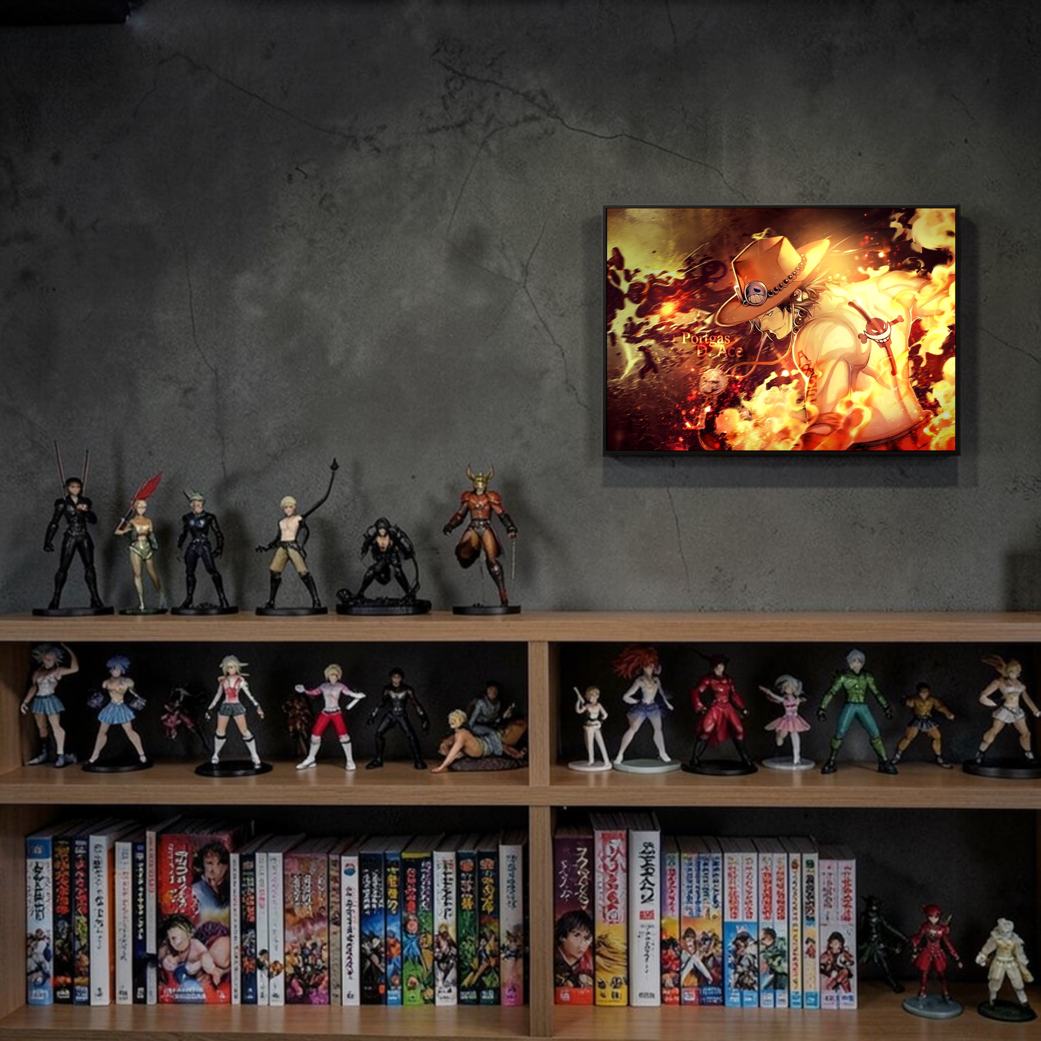 Collection of action figures and anime books on a shelf against a dark wall with a framed artwork.