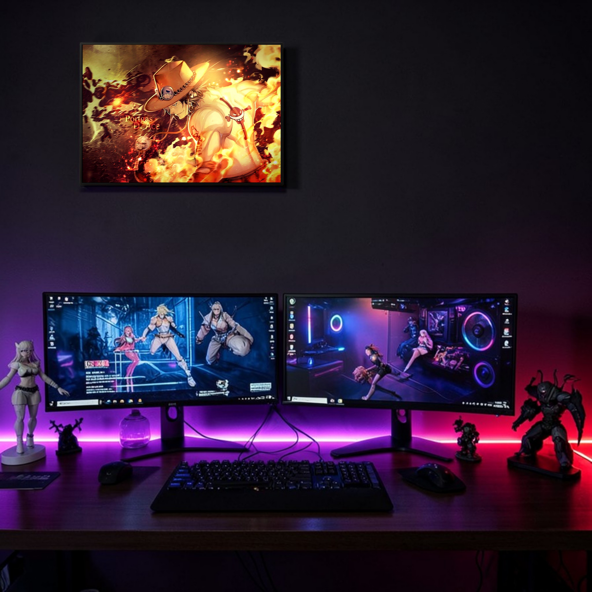 Gaming setup with two monitors displaying a character selection screen, keyboard, and figurines on a dark background.