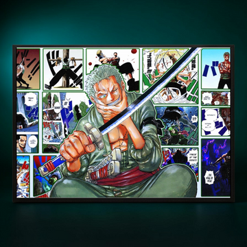 Framed artwork of a character holding a sword with comic book panels in the background.