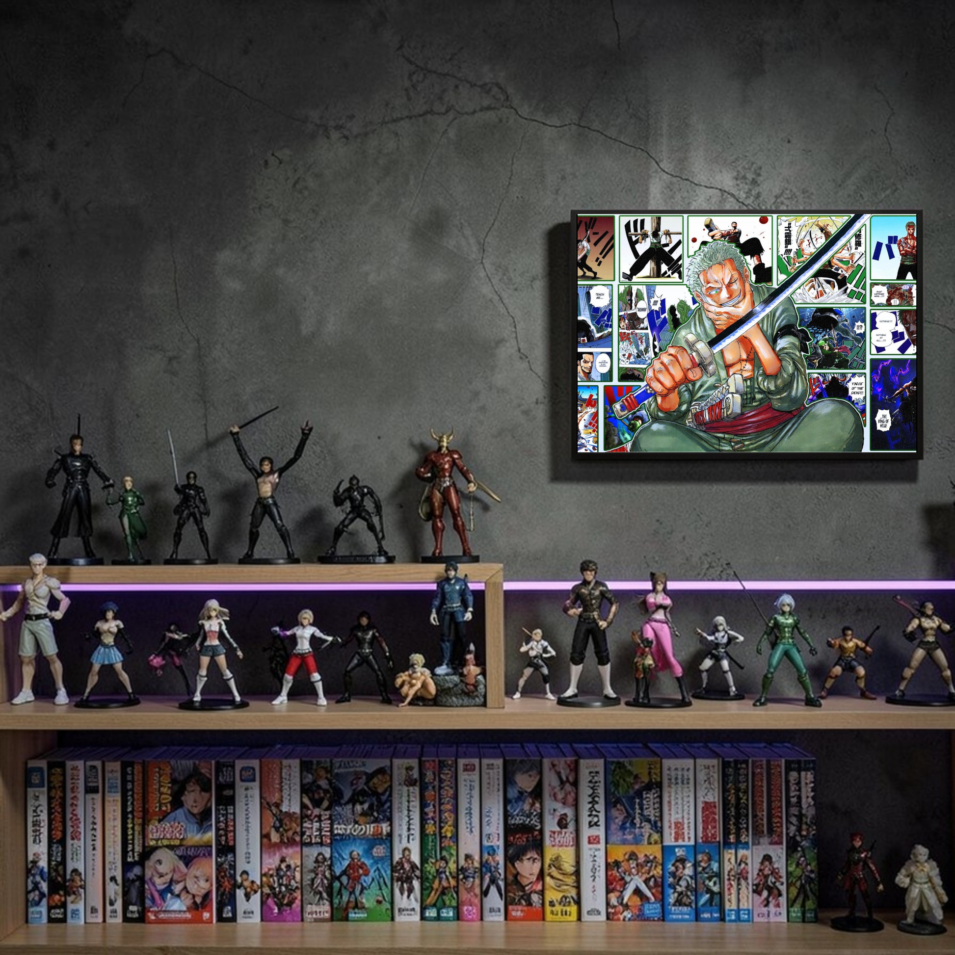 Collection of action figures and anime books on a shelf with a framed collage of images above.