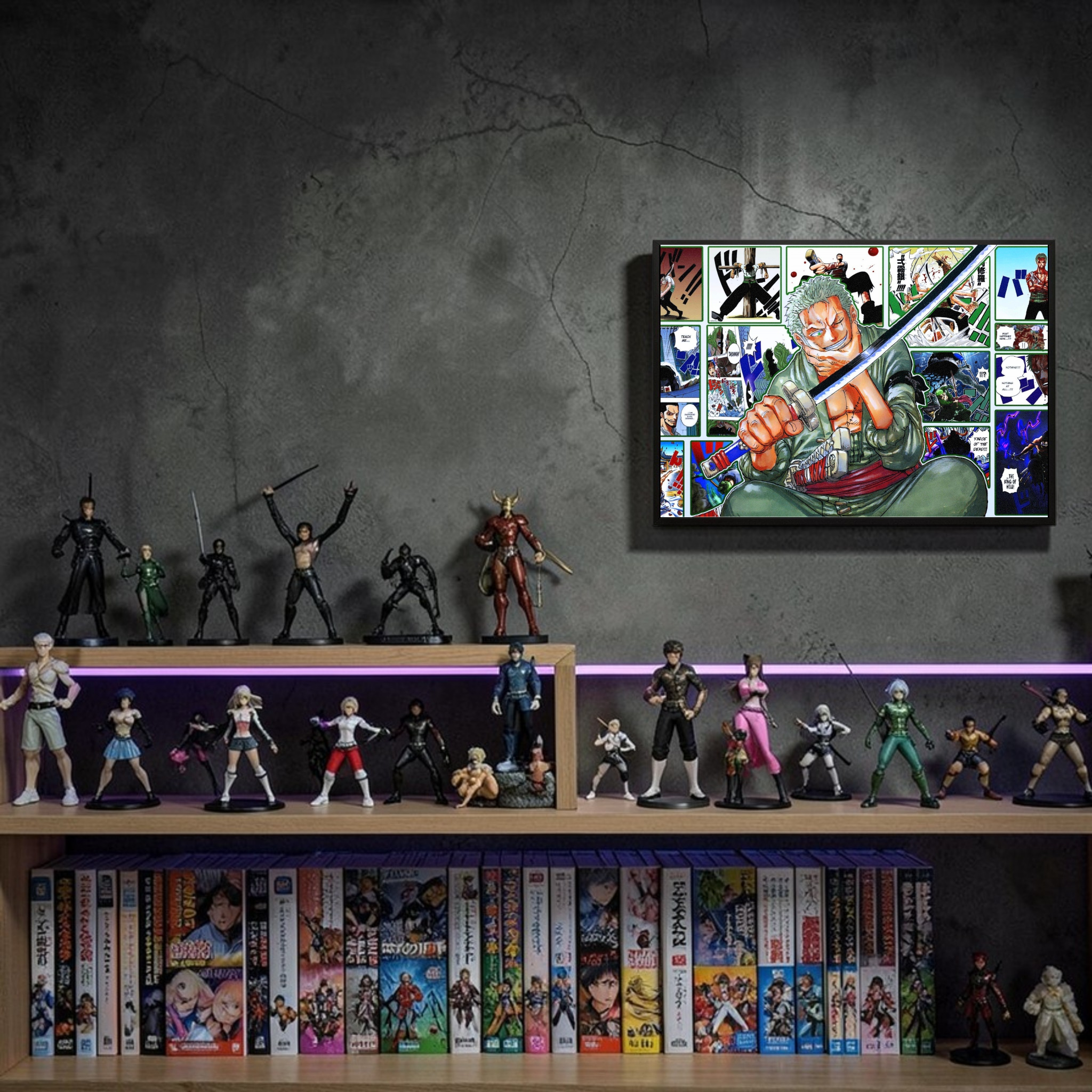 Collection of action figures and anime books on a shelf with a framed collage of images above.