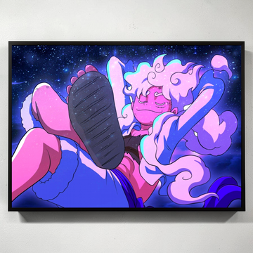 Framed artwork of a stylized character with pink hair and blue outfit against a starry background.