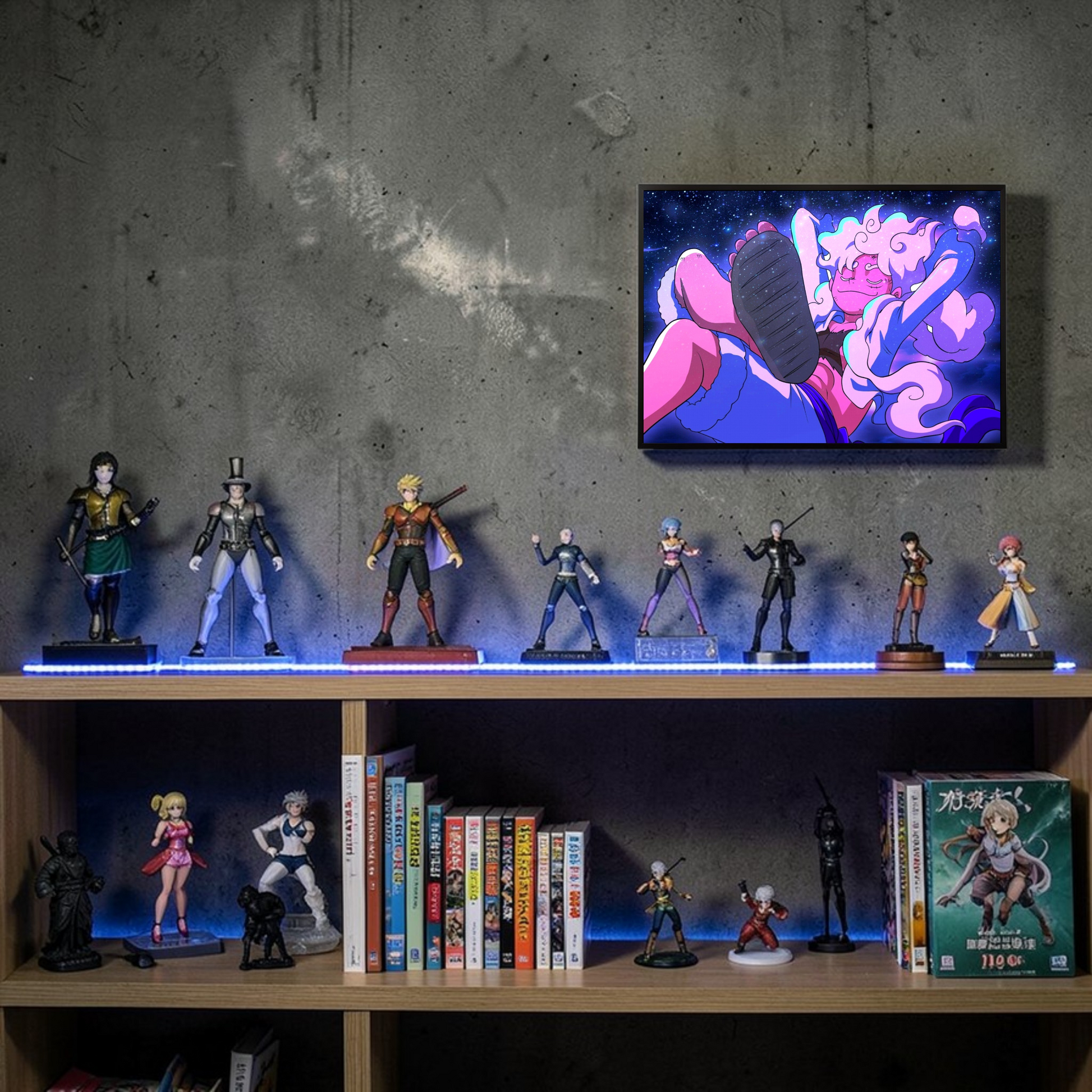 Collection of superhero figurines on a shelf with a television displaying an animated scene in the background.