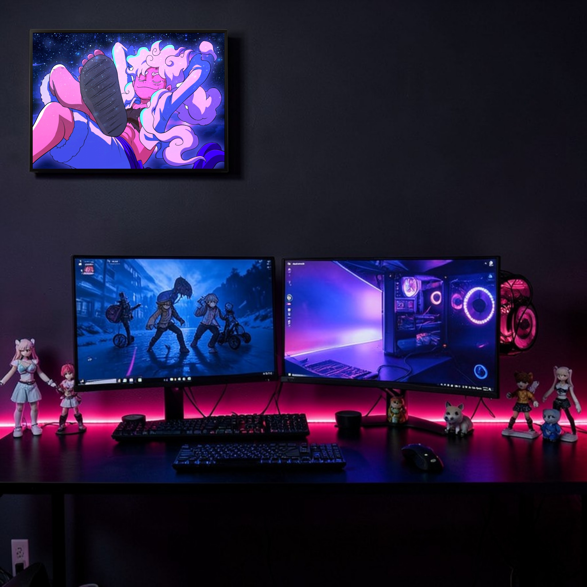 Gaming setup with two monitors, keyboard, and colorful LED lights on a dark background.