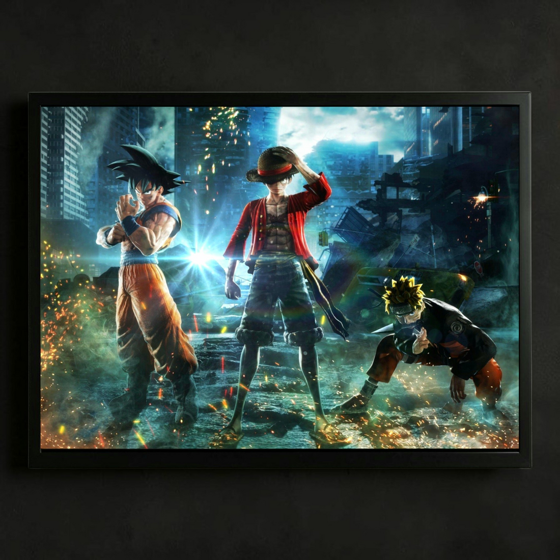 Framed artwork of three animated characters in a cityscape with neon lights.