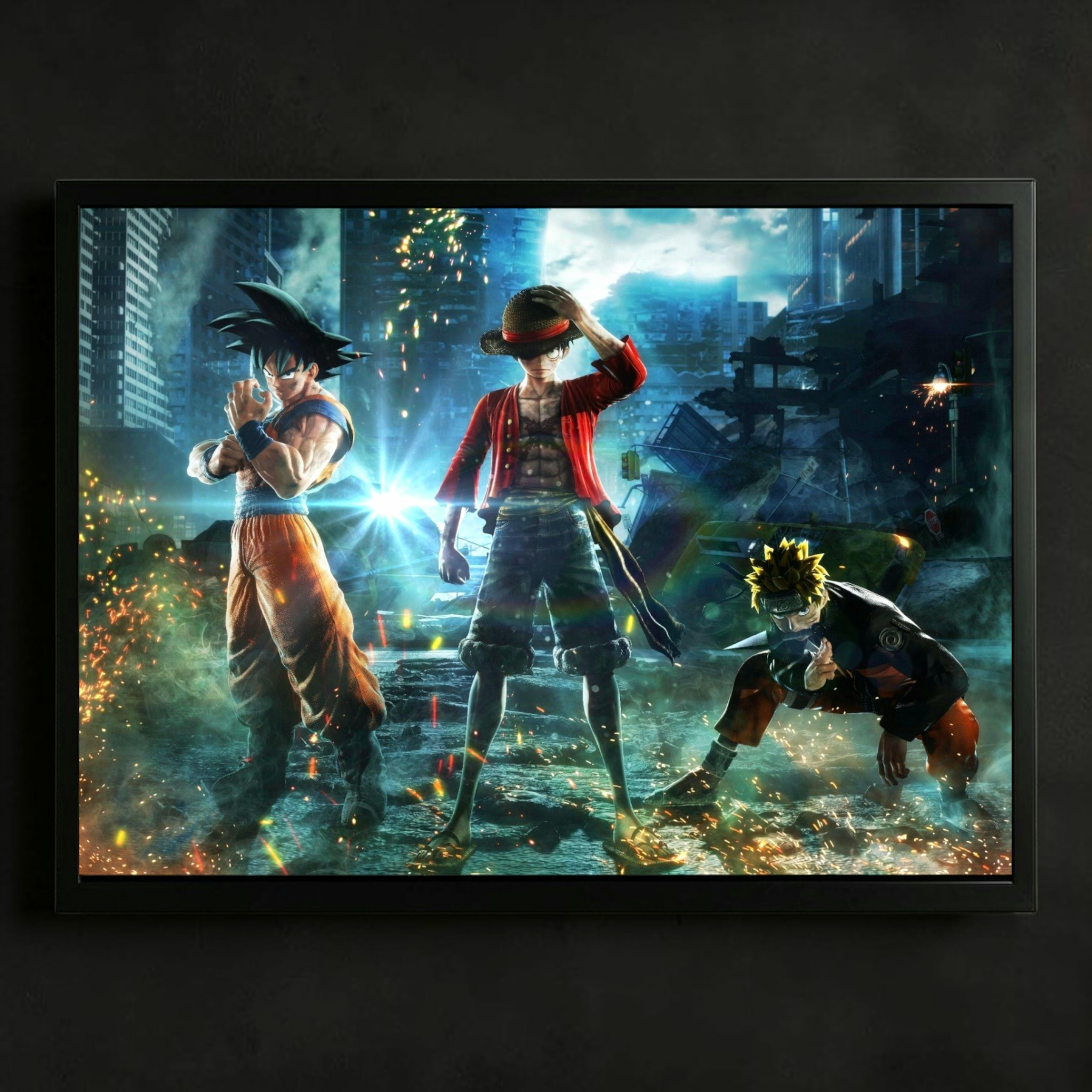 Framed artwork of three animated characters in a cityscape with neon lights.