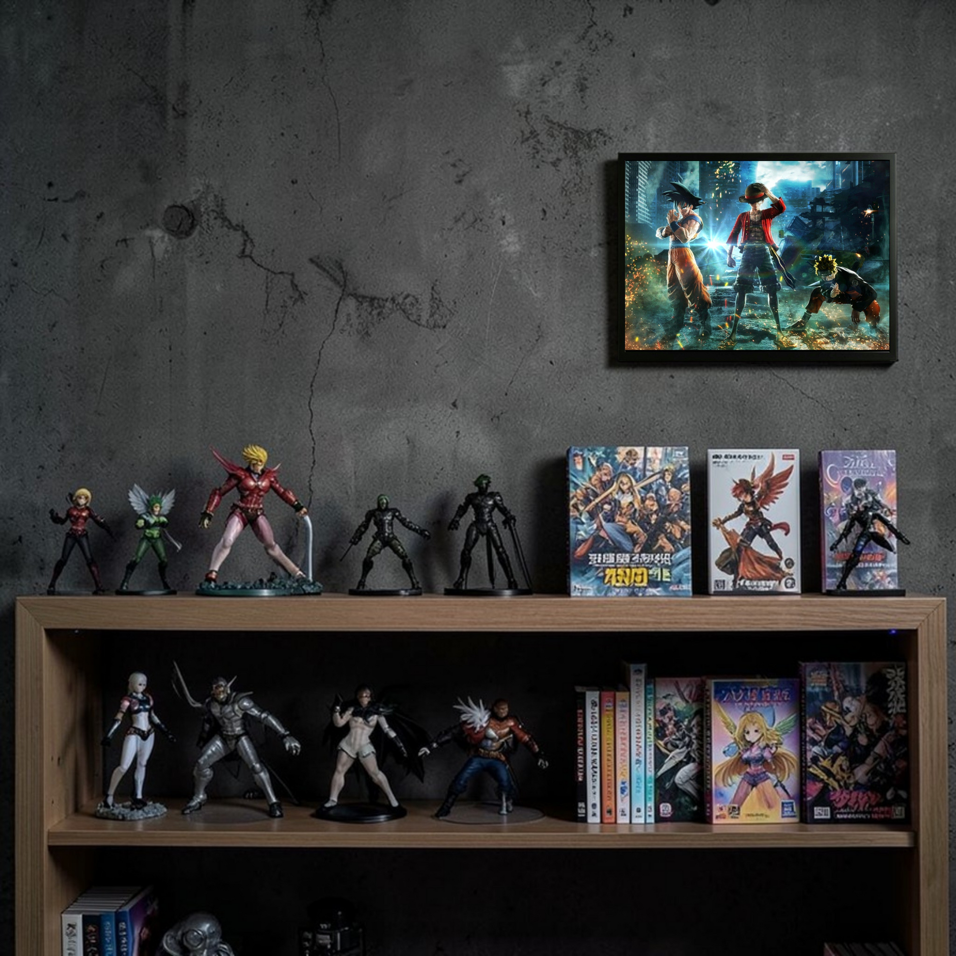 Collection of action figures and anime books on a shelf against a dark wall with a framed picture above.