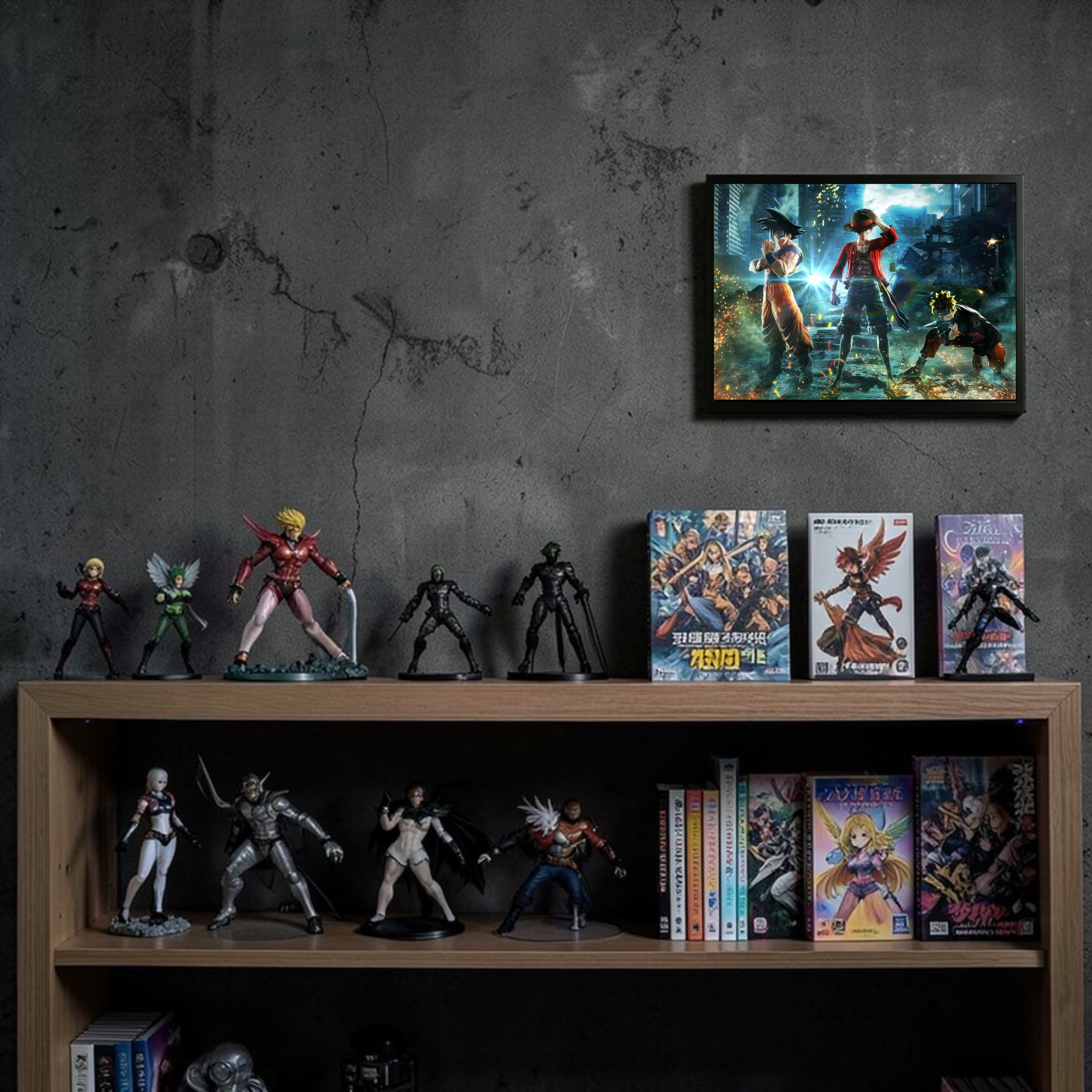 Collection of action figures and anime books on a shelf against a dark wall with a framed picture above.