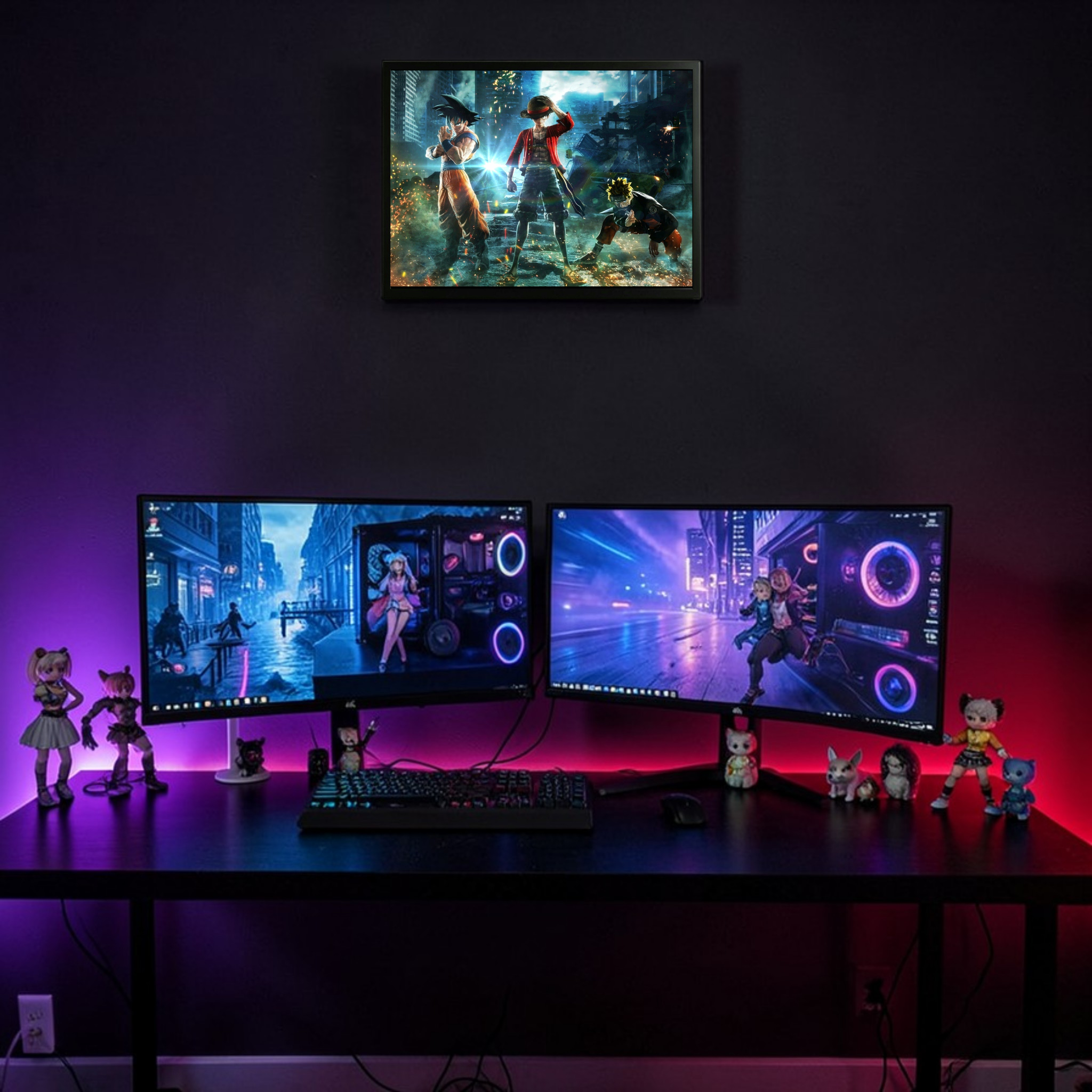 Gaming setup with three monitors on a desk, illuminated by colorful lighting.