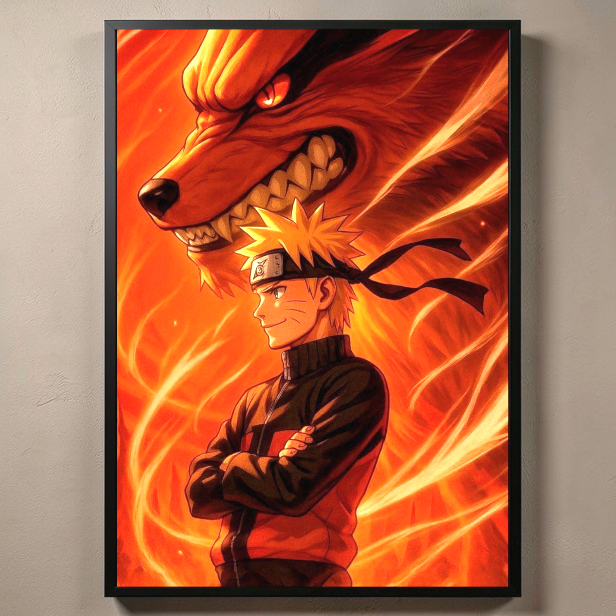 Framed artwork of an anime character with a fiery background