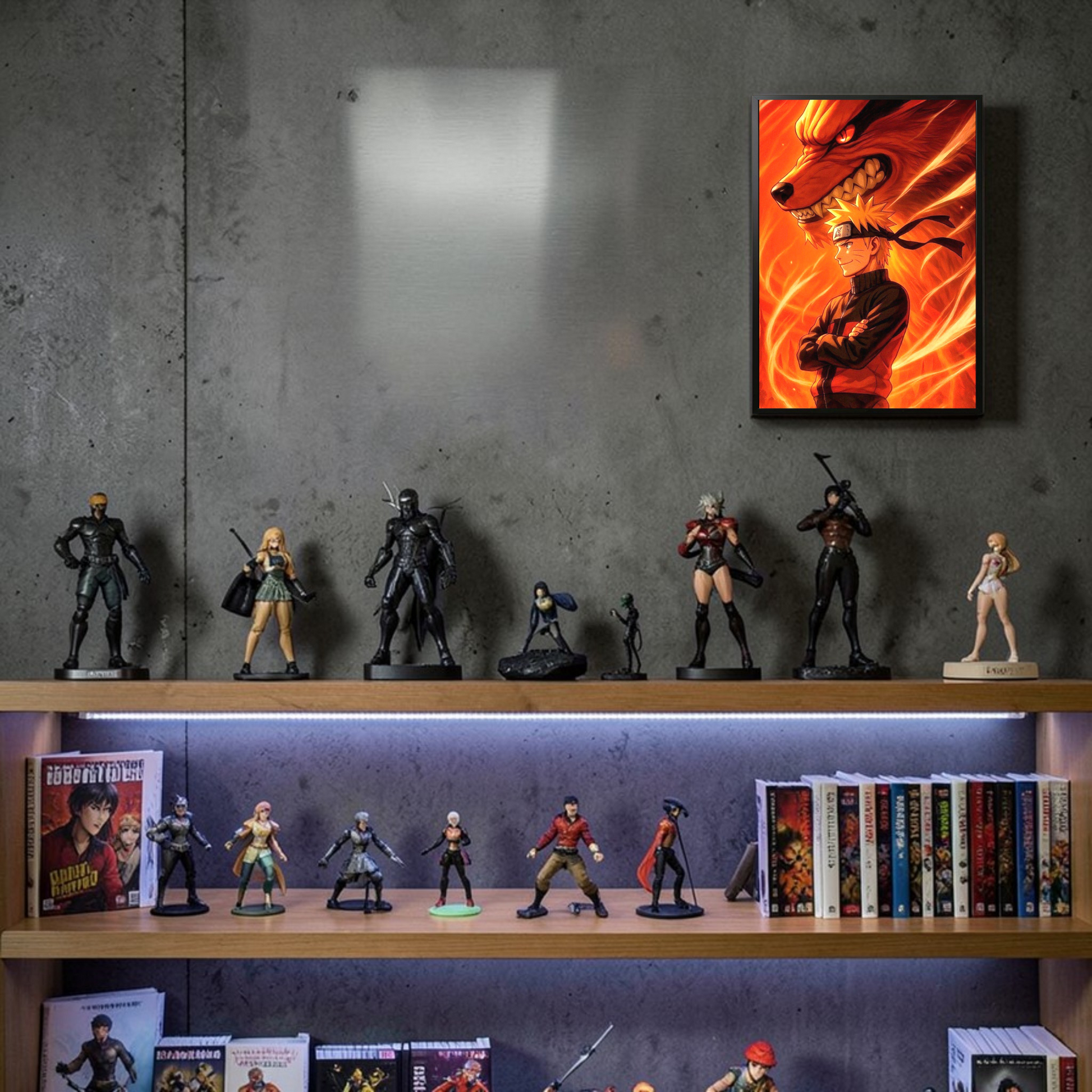 Collection of action figures and books on a shelf with a framed picture above.