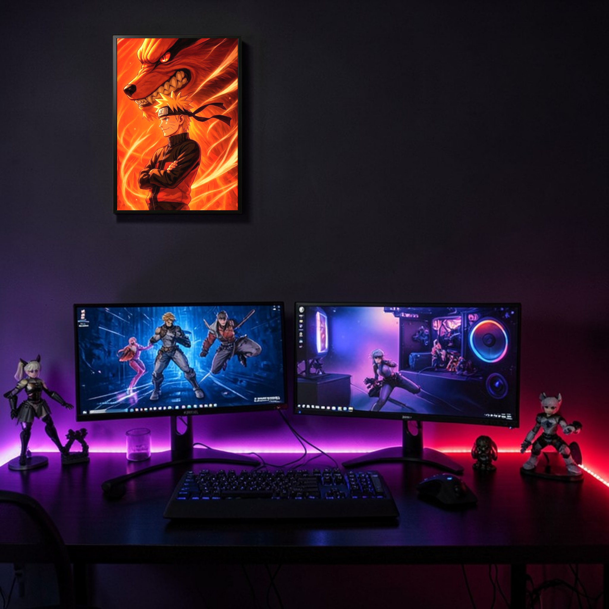 Gaming setup with two monitors, keyboard, and figurines on a dark desk with a fiery dragon poster above.
