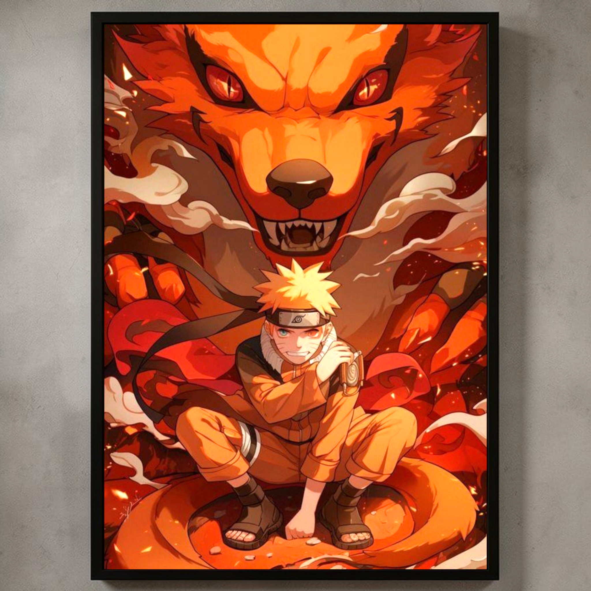 Poster of a character in orange outfit with a large fiery creature on a gray wall.