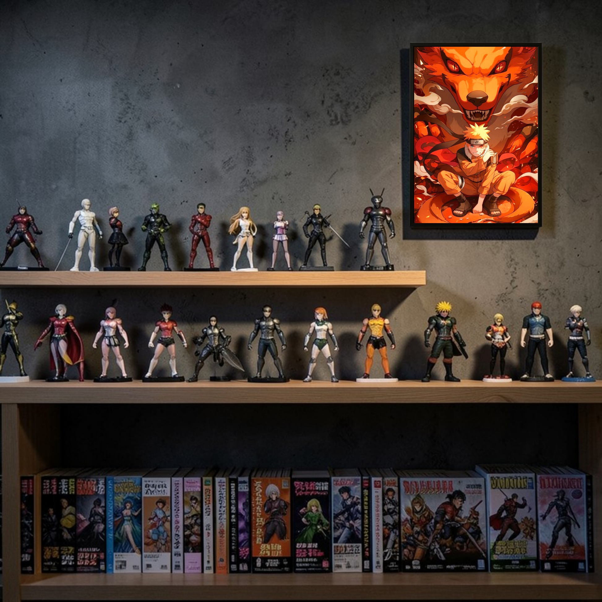 Collection of action figures and anime books on shelves against a dark wall with a framed artwork above.