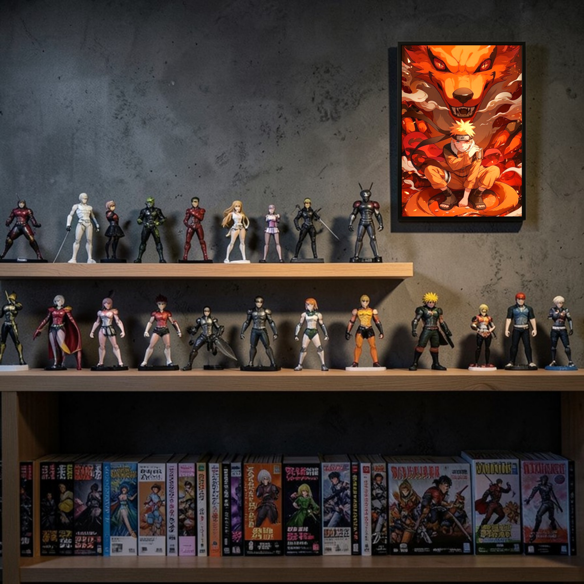 Collection of action figures and anime books on shelves against a dark wall with a framed artwork above.