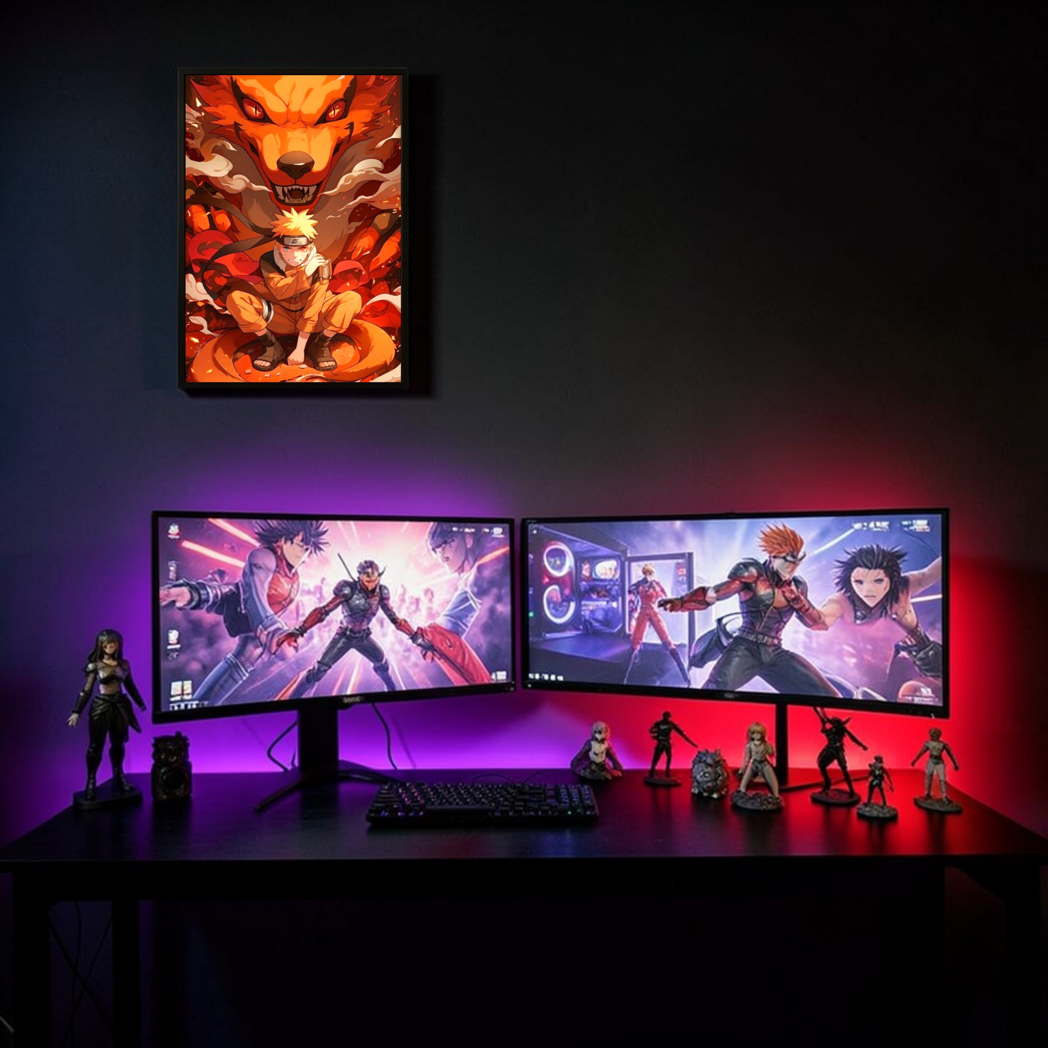 Gaming setup with two monitors displaying anime-style graphics, action figures, and a wall poster.