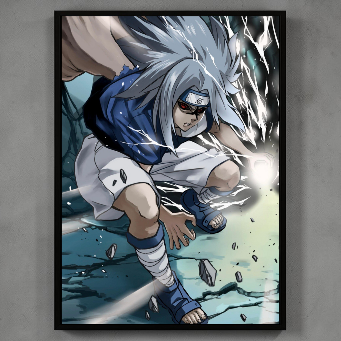 Framed artwork of an animated character in a dynamic pose on a gray wall.
