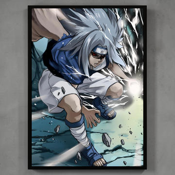 Framed artwork of an animated character in a dynamic pose on a gray wall.