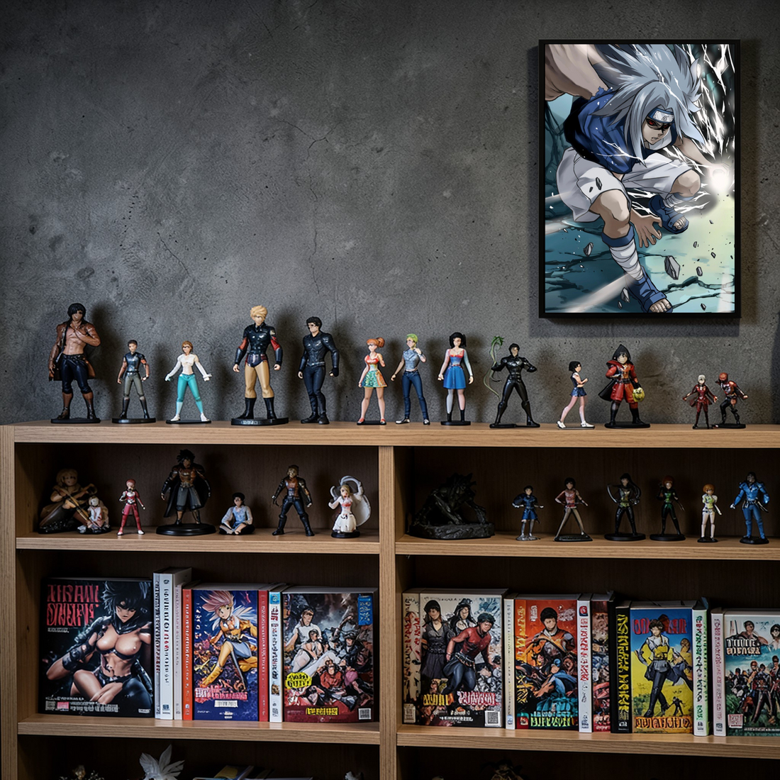 Framed artwork of an animated character in a dynamic pose on a gray wall.