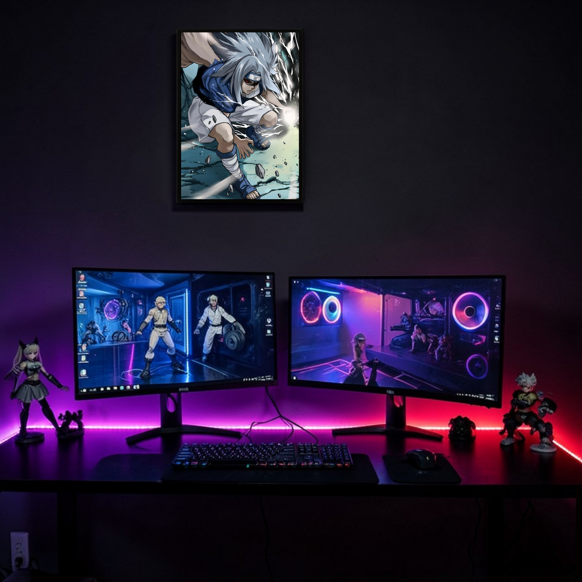 Gaming setup with two monitors, keyboard, and figurines in a dark room.