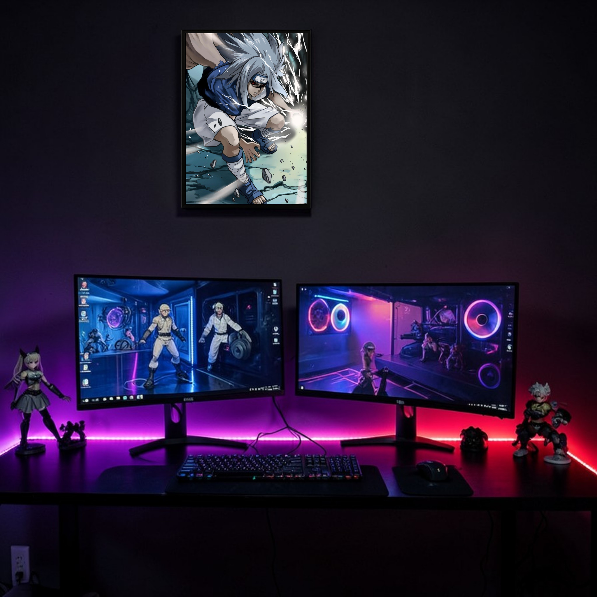 Gaming setup with two monitors, keyboard, and figurines in a dark room.
