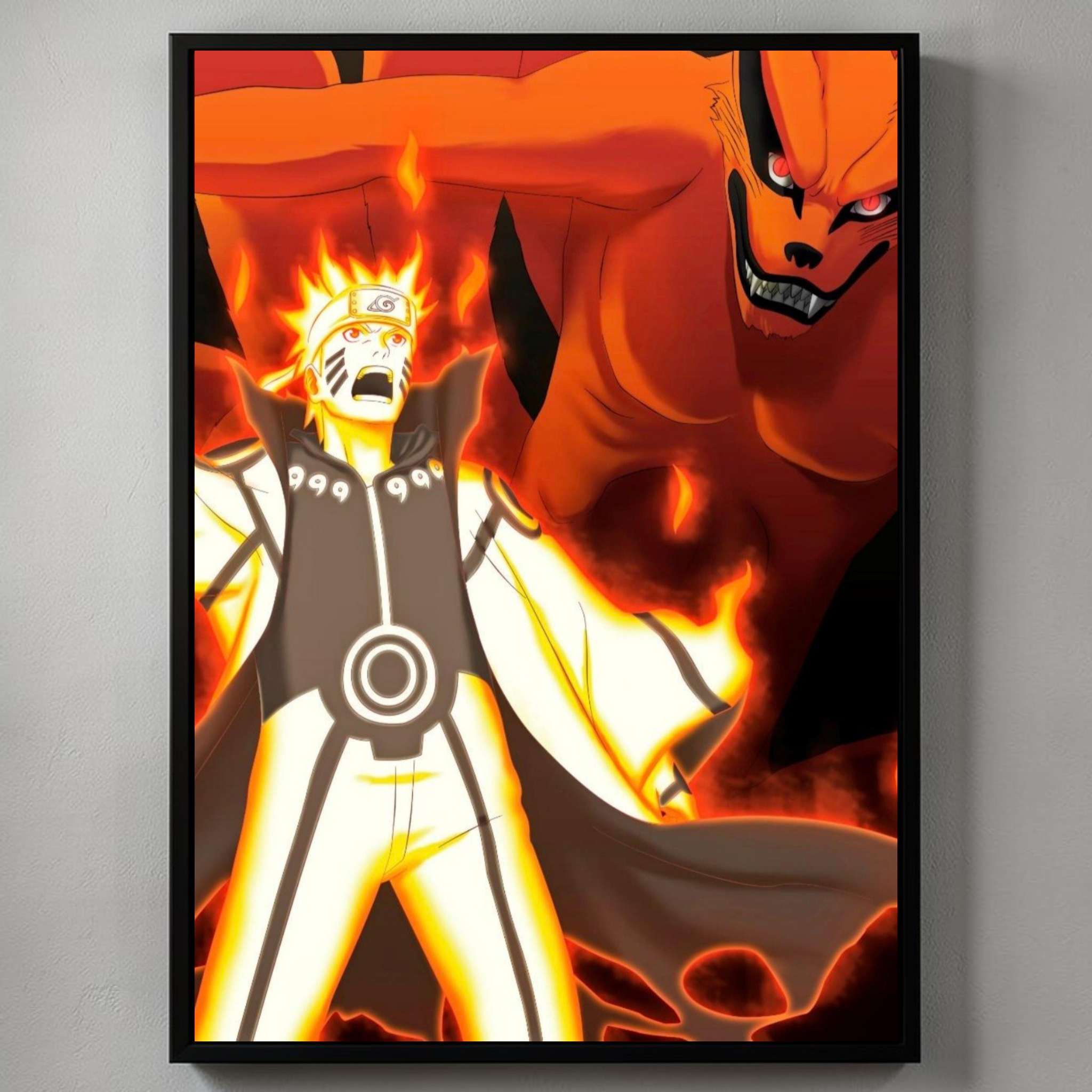Framed artwork of an anime character with fiery effects on a gray wall.
