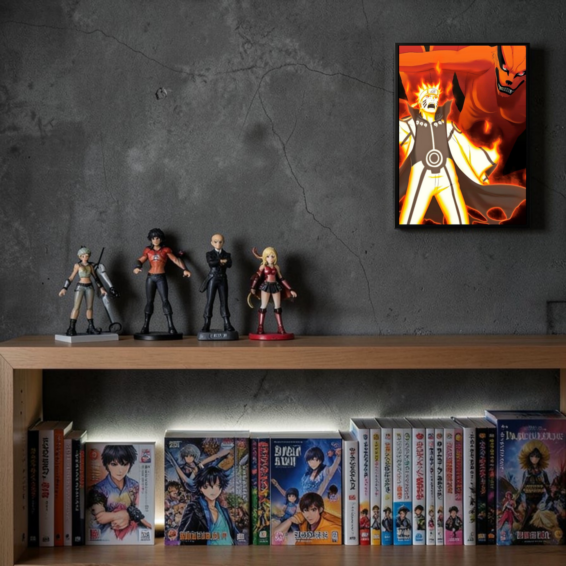 Collection of action figures and anime books on a shelf against a dark wall with a framed picture.