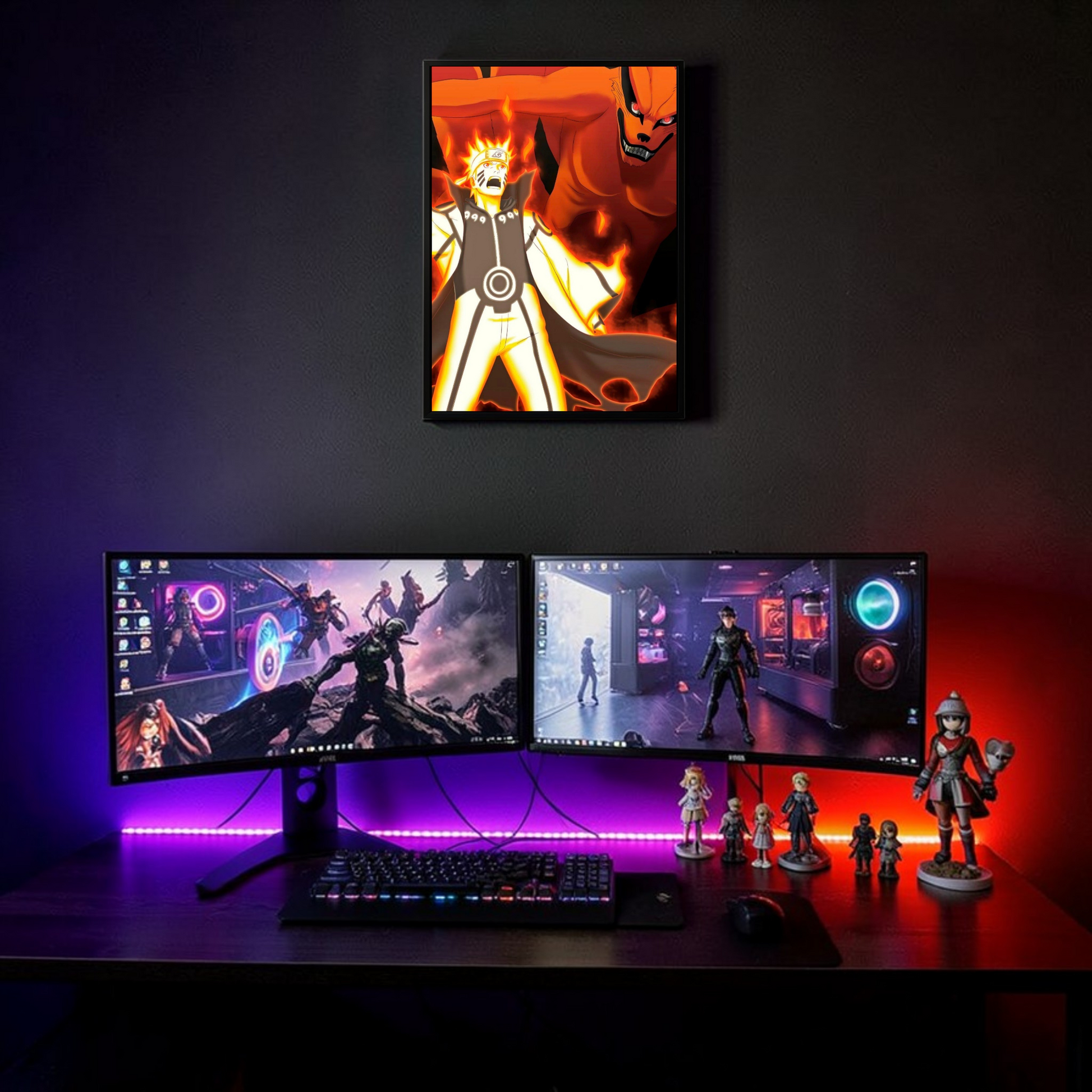 Gaming setup with dual monitors, keyboard, and figurines on a dark background