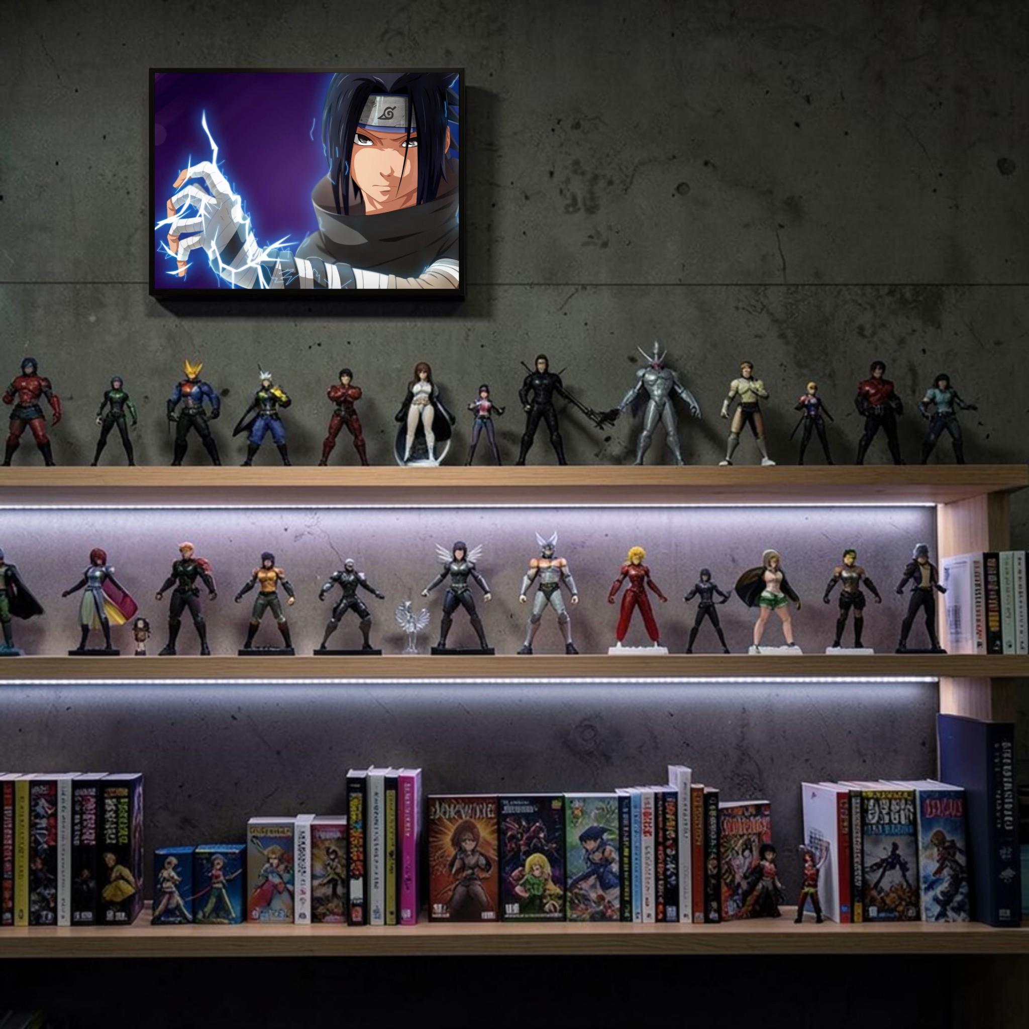 Collection of action figures and anime books on a shelf against a dark wall.