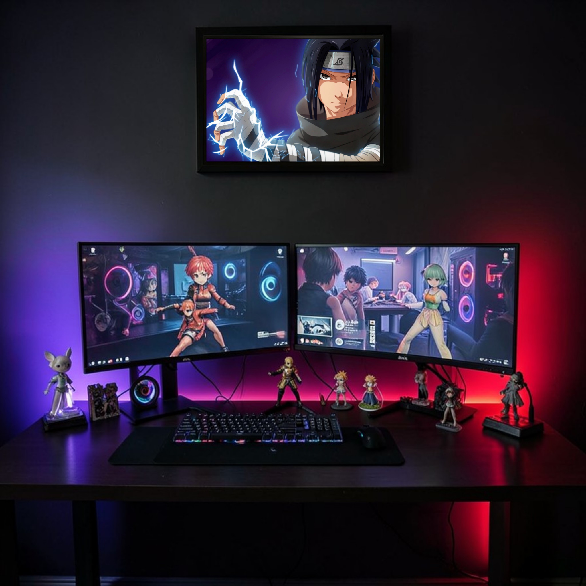 Gaming setup with multiple monitors displaying anime characters, surrounded by figurines and colorful lighting.