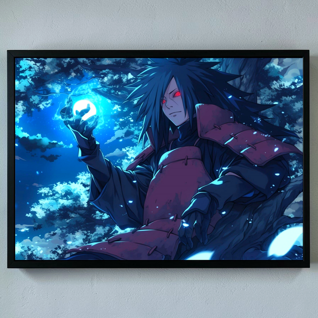 Framed artwork of an anime character with dark hair and red eyes, holding a glowing blue orb against a night sky.