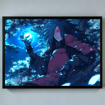 Framed artwork of an anime character with dark hair and red eyes, holding a glowing blue orb against a night sky.