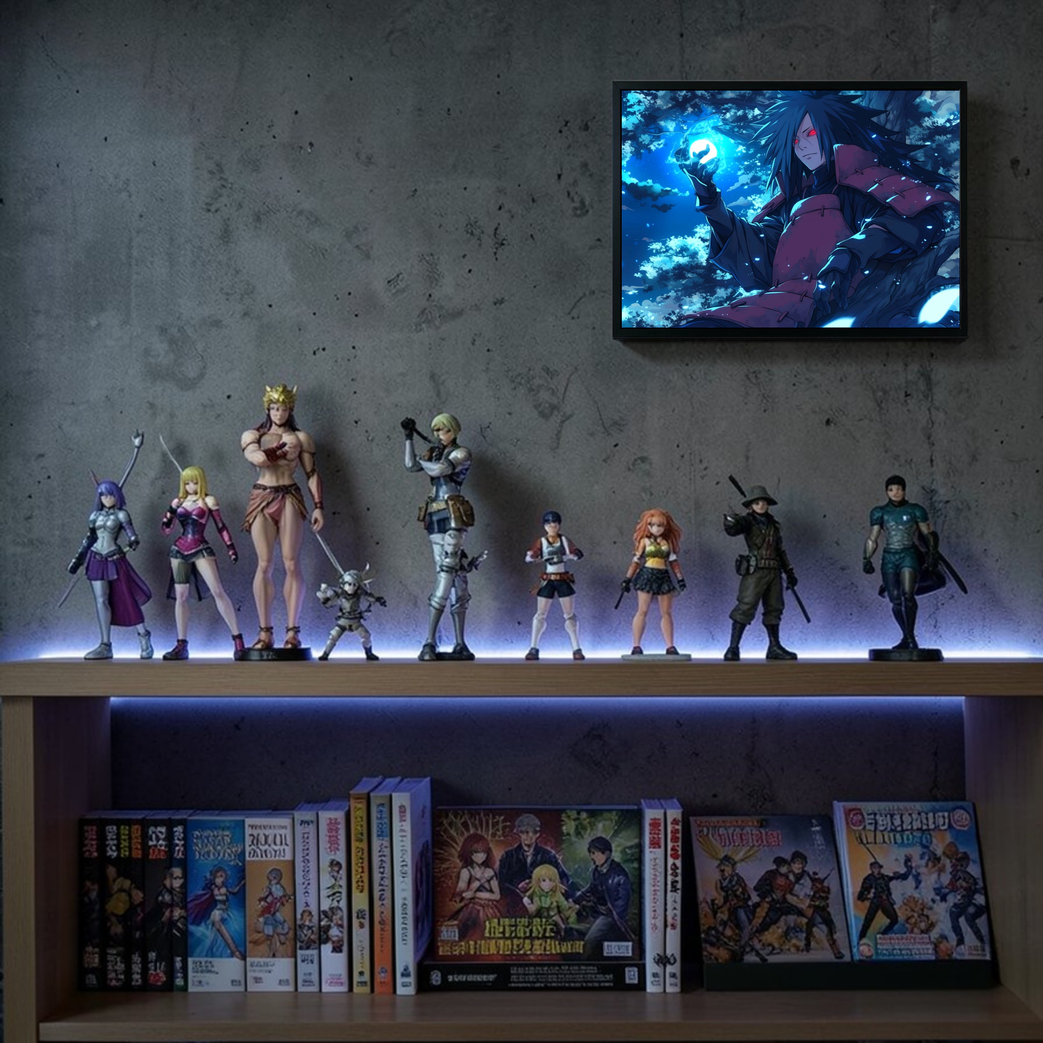 Collection of action figures on a shelf with a TV displaying an animated scene in the background.