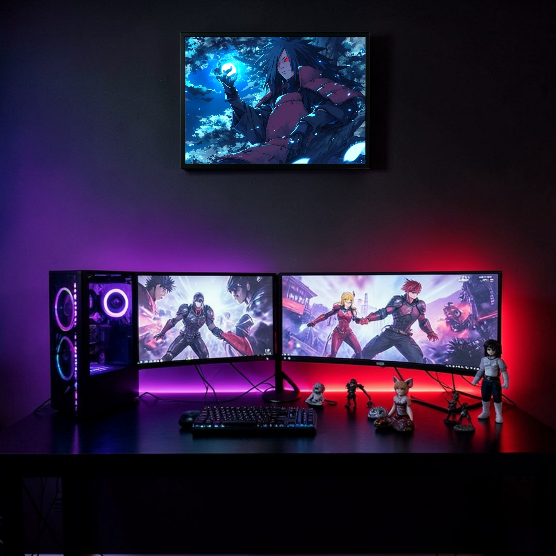 Gaming setup with multiple monitors displaying anime-style graphics, keyboard, and figurines on a dark surface.